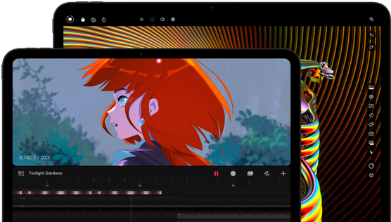 iPad Pro 13 inci dan iPad Pro 11 inci, eksterior depan, orientasi lanskap, warna hitam angkasa, sudut melengkung, bezel layar hitam, layar 11 inci menampilkan gambar cemerlang seorang karakter berambut merah, layar 13 inci menampilkan elemen antarmuka pengeditan foto penuh warna