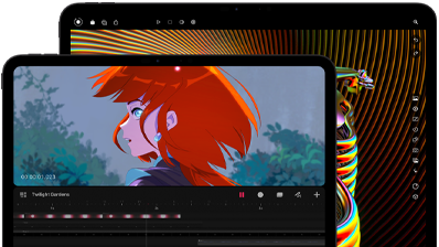 iPad Pro 13 inci dan iPad Pro 11 inci, eksterior depan, orientasi lanskap, warna hitam angkasa, sudut melengkung, bezel layar hitam, layar 11 inci menampilkan gambar cemerlang seorang karakter berambut merah, layar 13 inci menampilkan elemen antarmuka pengeditan foto penuh warna