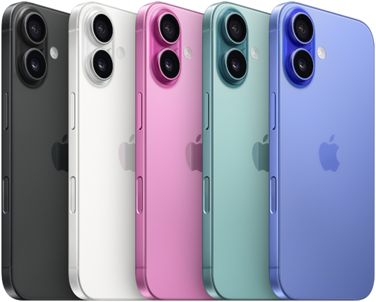 iPhone 16, eksterior belakang, Sistem kamera ganda canggih yang menonjol, logo Apple di tengah, dengan lima warna, Hitam, Putih, Hijau Kebiruan, Pink, Biru Laut Ultra