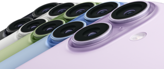 iPhone 17, eksterior belakang, sistem kamera ganda Fusion, semua lima warna tumpang tindih: Hitam, Putih, Hijau Sage, Biru Kabut, dan Lavender