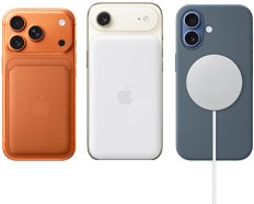 iPhone 17 Pro, eksterior belakang, warna [O7], dengan Casing Silikon warna Sienna dan Dompet FineWoven dengan MagSafe dalam warna Oranye Rubah; iPhone Air, eksterior belakang, warna Putih Awan, dengan Baterai MagSafe; iPhone 17, eksterior belakang, warna Biru Kabut, dengan Casing Silikon warna Biru Jangkar dan Pengisi Daya MagSafe