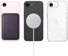 iPhone 17e berwarna pink lembut dengan Dompet FineWoven berwarna ungu temaram, iPhone 17e berwarna hitam dengan Casing Silikon berwarna hitam dan Pengisi Daya MagSafe, iPhone 17e berwarna putih dengan Casing Transparan dengan MagSafe