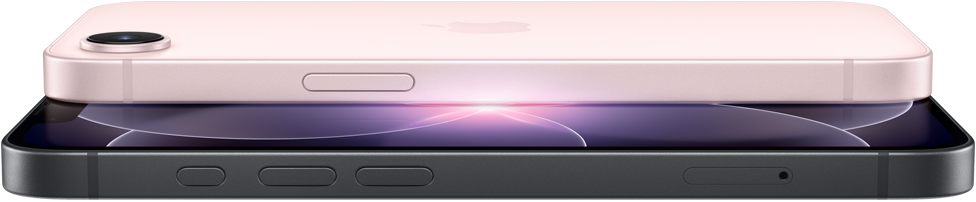iPhone 17e, eksterior samping dan belakang horizontal, warna pink lembut, iPhone 17e, eksterior samping dan depan horizontal, warna hitam