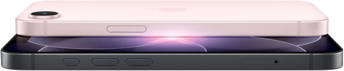 iPhone 17e, eksterior samping dan belakang horizontal, warna pink lembut, iPhone 17e, eksterior samping dan depan horizontal, warna hitam