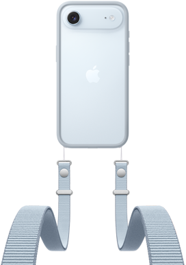 iPhone Air, eksterior belakang, warna Biru Langit, sistem kamera Fusion di tengah atas, logo Apple di tengah, Tali Selempang dengan Bumper abu-abu muda terpasang