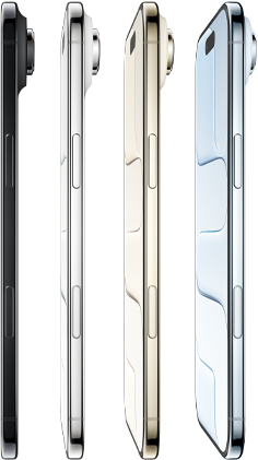 iPhone Air, eksterior samping, dalam empat warna, Biru Langit, Emas Muda, Putih Awan, Hitam Angkasa, bentuk sangat tipis, sistem kamera Fusion, tombol: samping, Kontrol Kamera