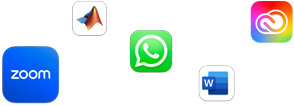 Berbagai ikon aplikasi dalam susunan yang tersebar, termasuk Zoom, MATLAB, WhatsApp, Microsoft Word, dan Adobe Creative Cloud