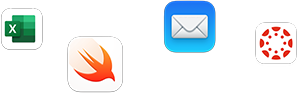 Berbagai ikon aplikasi dalam susunan yang tersebar, termasuk Microsoft Excel, Swift Playgrounds, Mail, dan Canvas Student