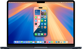 Fitur Pencerminan iPhone ditampilkan di layar MacBook Air, memperlihatkan layar iPhone dengan berbagai aplikasi ditampilkan di latar belakang desktop