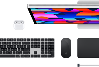 Aksesori Mac: Airpods, Studio Display, Magic Keyboard, Magic Mouse, Magic Trackpad, kabel pengisi daya MagSafe dalam warna Hitam Angkasa 