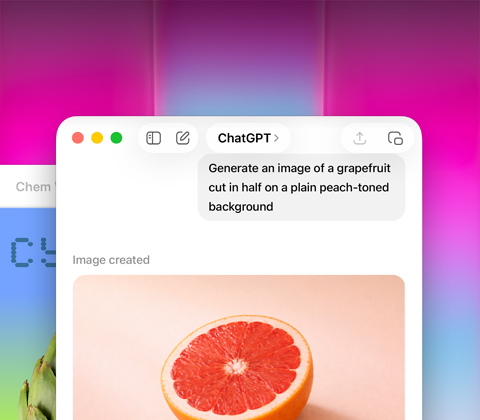 Layar MacBook Neo, menggunakan ChatGPT untuk menghasilkan gambar grapefruit, jendela kedua menampilkan gambar articok dengan latar belakang gradasi di Keynote