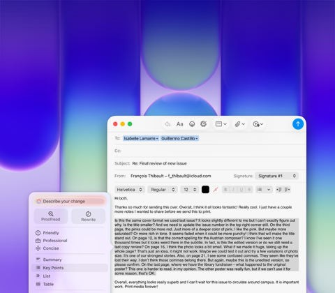Layar MacBook Neo, menggunakan Alat Menulis Apple Intelligence di Mail untuk merevisi paragraf panjang dalam email yang berisi umpan balik mengenai suatu publikasi