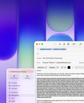 Layar MacBook Neo, menggunakan Alat Menulis Apple Intelligence di Mail untuk merevisi paragraf panjang dalam email yang berisi umpan balik mengenai suatu publikasi