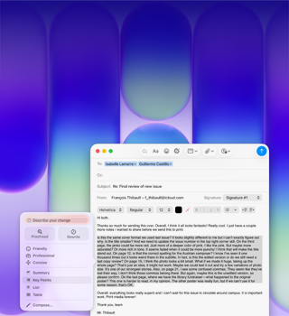 Layar MacBook Neo, menggunakan Alat Menulis Apple Intelligence di Mail untuk merevisi paragraf panjang dalam email yang berisi umpan balik mengenai suatu publikasi