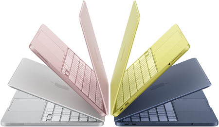 Laptop MacBook Neo berwarna silver, blush, citrus, dan indigo, sedikit membuka dan disusun dalam formasi melengkung