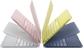 Laptop MacBook Neo berwarna silver, blush, citrus, dan indigo, sedikit membuka dan disusun dalam formasi melengkung