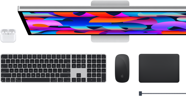 Aksesori Mac: AirPods, Studio Display, Magic Keyboard, Magic Mouse, Magic Trackpad, kabel pengisi daya MagSafe