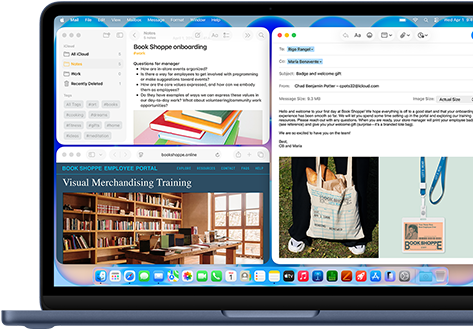 MacBook Neo, warna indigo, layar menampilkan pembuatan email sambutan untuk karyawan baru toko buku, petak jendela lainnya menampilkan dokumen Catatan tentang orientasi karyawan dan situs web portal karyawan toko buku di Safari