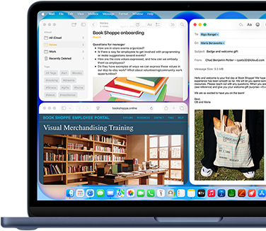 MacBook Neo, warna indigo, layar menampilkan pembuatan email sambutan untuk karyawan baru toko buku, petak jendela lainnya menampilkan dokumen Catatan tentang orientasi karyawan dan situs web portal karyawan toko buku di Safari