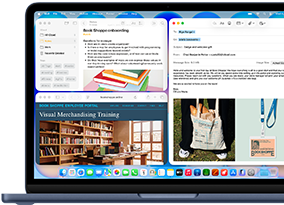 MacBook Neo, warna indigo, layar menampilkan pembuatan email sambutan untuk karyawan baru toko buku, petak jendela lainnya menampilkan dokumen Catatan tentang orientasi karyawan dan situs web portal karyawan toko buku di Safari
