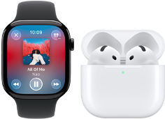 Apple Watch Series 11, casing titanium cokelat batu, tali jam: tali jam sport hitam, aplikasi Apple Music, layar 'sedang diputar', dipasangkan dengan AirPods