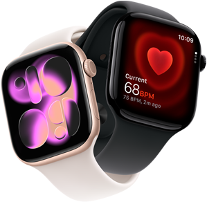 Apple Watch Series 11, emas rose aluminium, wajah jam Karya Seni Responsif, eksterior sisi kanan: Digital Crown, mikrofon, tombol samping, Tali Jam Sport pink lembut, Apple Watch Series 11, hitam legam aluminium, aplikasi Detak Jantung, detak per menit saat ini, eksterior sisi kanan: Digital Crown, Tali Jam Sport hitam