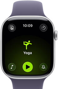 Apple Watch Series 11, casing perak aluminium, Olahraga Yoga terbuka, eksterior sisi kanan: Digital Crown, Tali Jam Sport ungu kabut