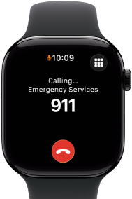 Apple Watch Series 11, casing hitam legam aluminium, panggilan darurat 911 di layar, eksterior sisi kanan: Digital Crown, Tali Jam Sport hitam