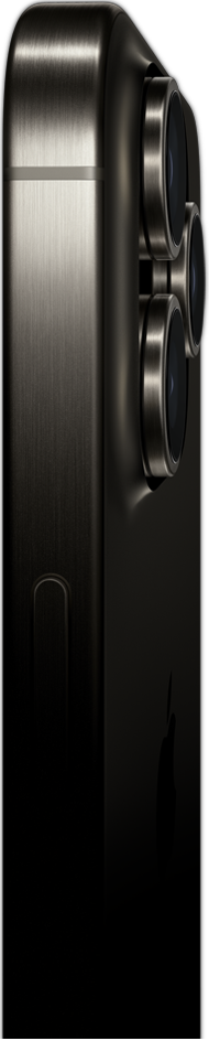 Tampilan samping iPhone 15 Pro Max dengan desain titanium yang memperlihatkan tombol daya