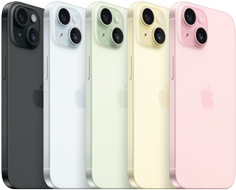 iPhone 15, tampilan belakang memperlihatkan sistem kamera canggih dan kaca berwarna dalam semua warna: Hitam, Biru, Hijau, Kuning, Pink.